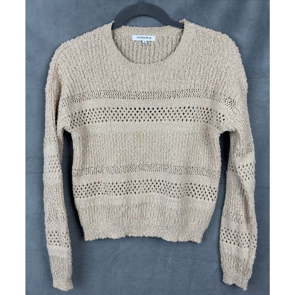 Hooked Up By IOT Women's Juniors' Stitched Sweater Size Small Tan Eyelet